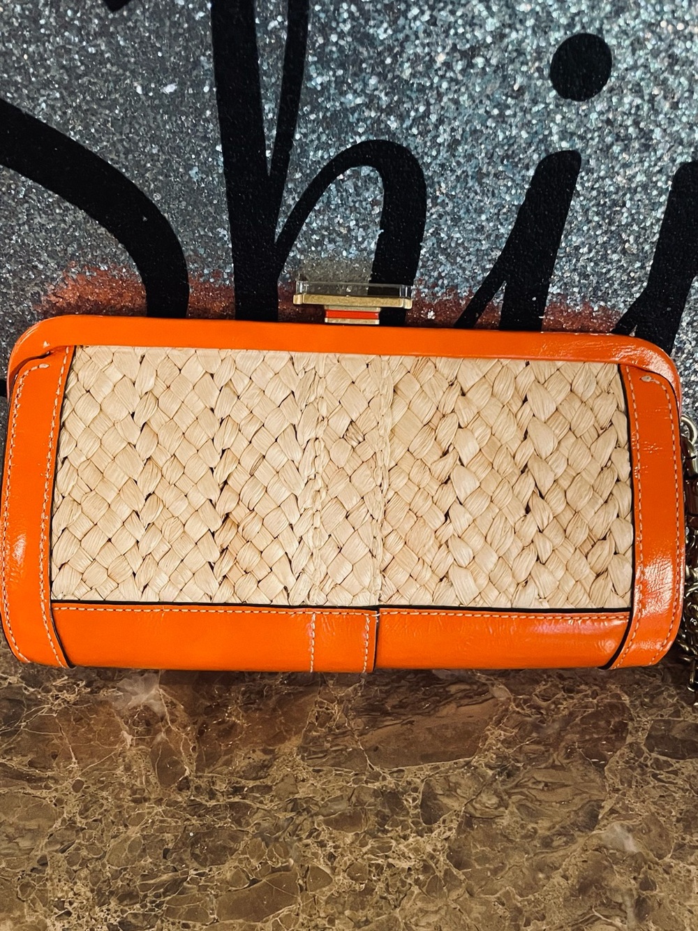 COACH Vintage Orange Straw Leather Minaudière Clutch WITH Motif Chain Bag Charm - Picture 14 of 17